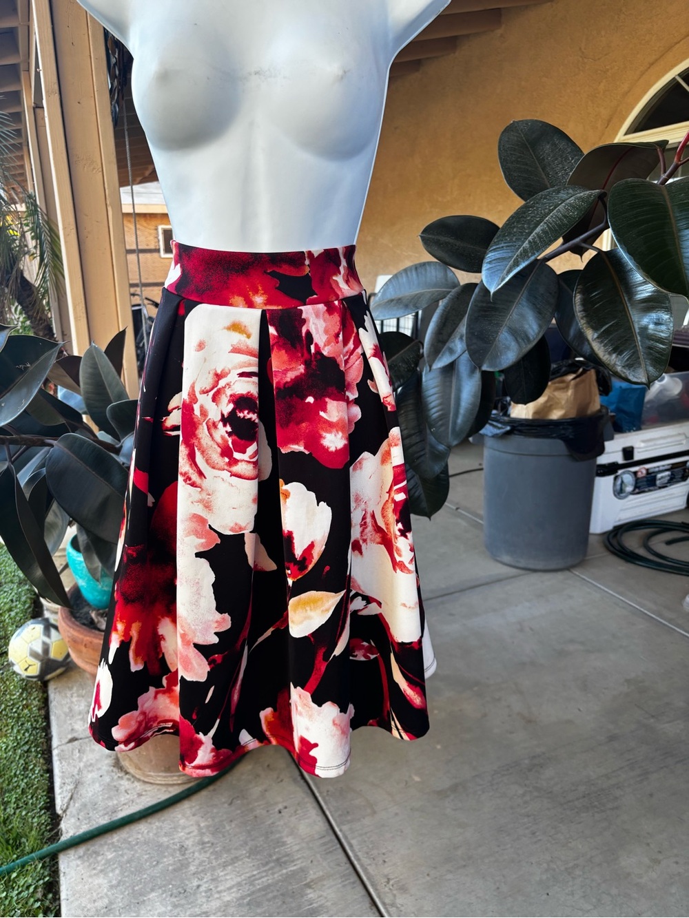 See You Monday Black Skater Skirt with Red and Cream Floral Design